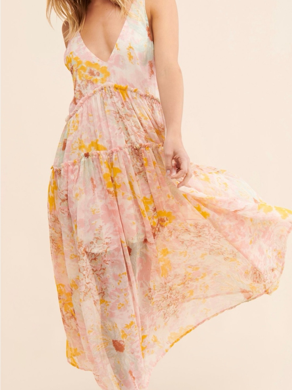 Free People Julianna Maxi Dress s/p Ivory Floral Boho Tiered Pockets - Picture 3 of 3